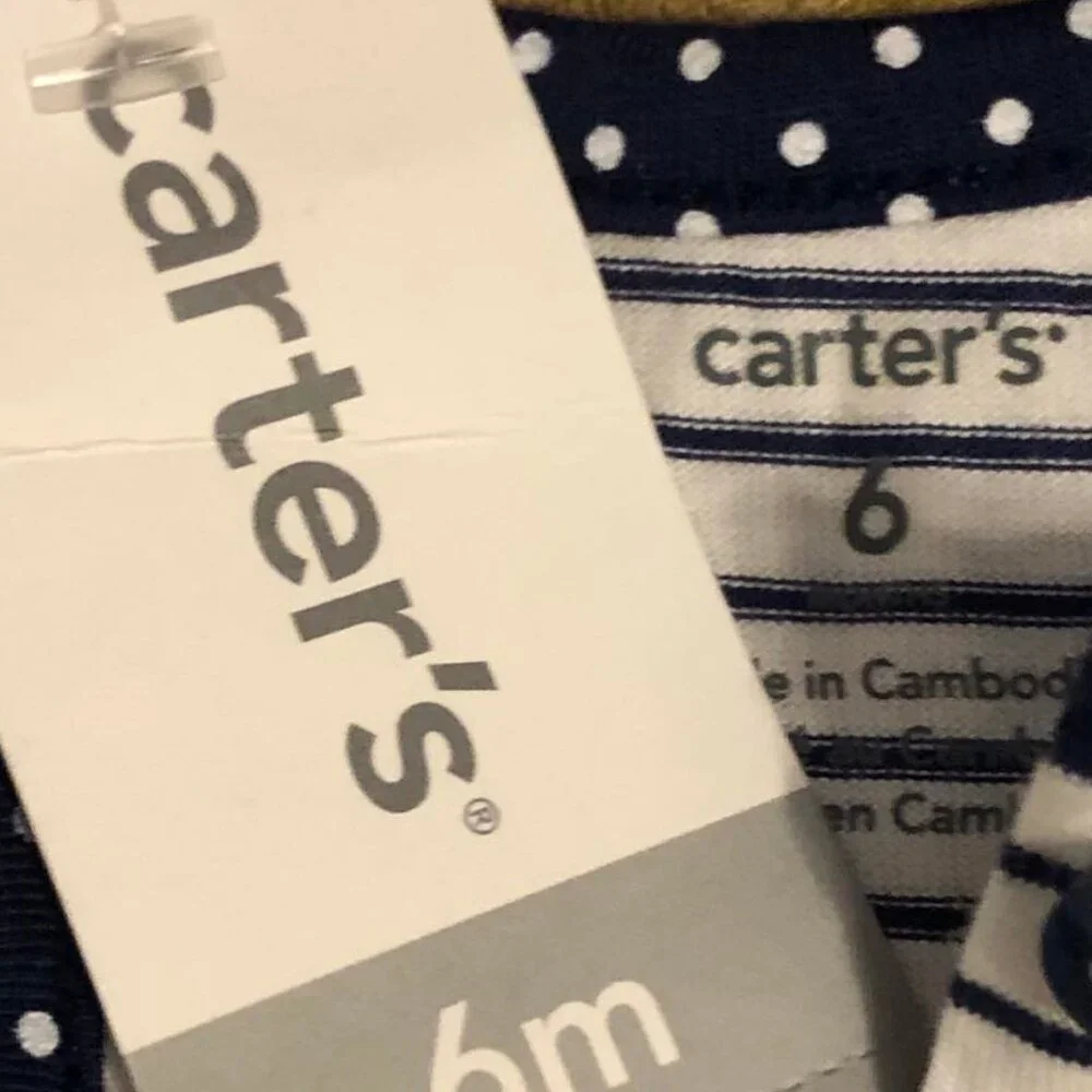 NWT CARTER'S 1-pc Stripe Henley Sunsuit w Polka-dot Ruffle Skirt Navy\White 6MO